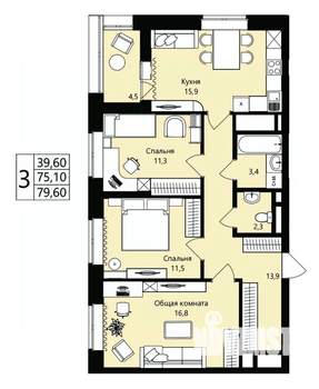 3-к квартира, вторичка, 75м2, 9/18 этаж
