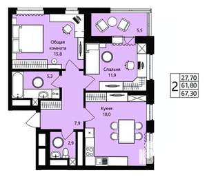 2-к квартира, вторичка, 62м2, 2/18 этаж