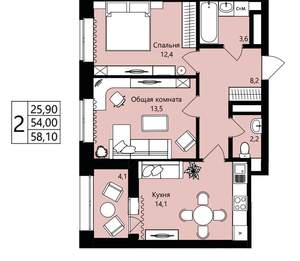 2-к квартира, вторичка, 54м2, 13/18 этаж