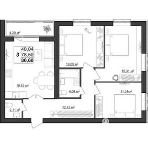 3-к квартира, строящийся дом, 81м2, 7/9 этаж