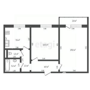 2-к квартира, вторичка, 53м2, 1/10 этаж