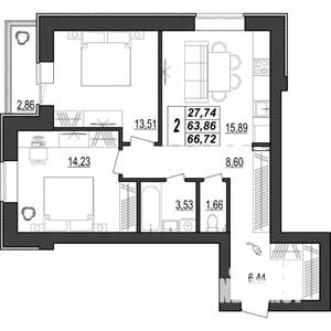 2-к квартира, строящийся дом, 67м2, 2/9 этаж
