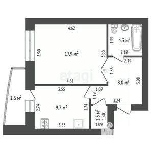 1-к квартира, вторичка, 43м2, 8/12 этаж