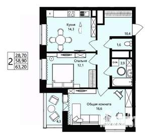 2-к квартира, вторичка, 59м2, 14/18 этаж