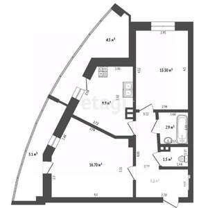 2-к квартира, вторичка, 53м2, 3/16 этаж