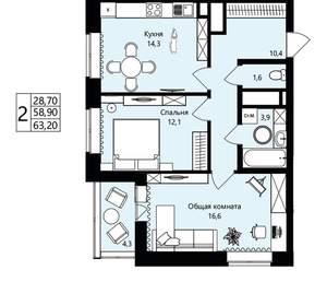 2-к квартира, вторичка, 59м2, 3/18 этаж