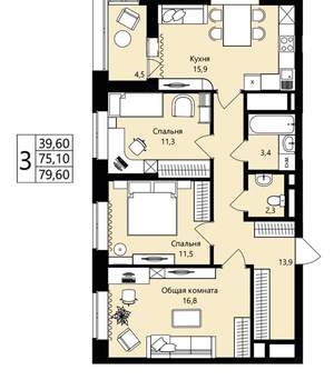 3-к квартира, вторичка, 75м2, 13/18 этаж