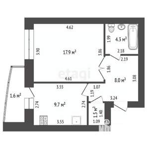 1-к квартира, вторичка, 43м2, 8/12 этаж