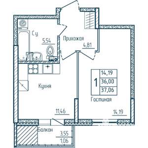1-к квартира, строящийся дом, 37м2, 2/18 этаж
