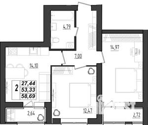 2-к квартира, вторичка, 59м2, 1/9 этаж