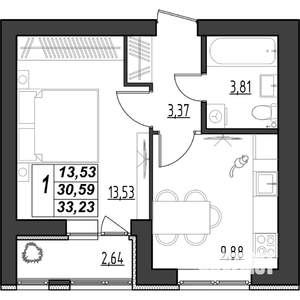 1-к квартира, строящийся дом, 33м2, 6/9 этаж