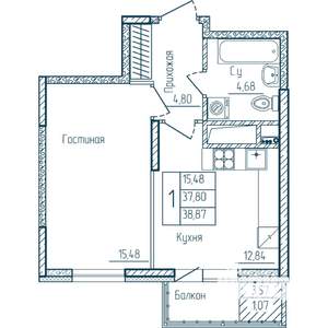 1-к квартира, строящийся дом, 39м2, 2/18 этаж