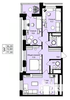 3-к квартира, вторичка, 73м2, 12/18 этаж
