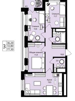 3-к квартира, вторичка, 73м2, 12/18 этаж