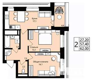 2-к квартира, вторичка, 57м2, 14/18 этаж