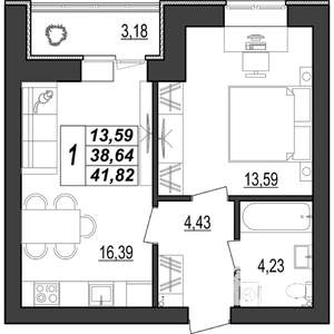 1-к квартира, строящийся дом, 42м2, 5/9 этаж