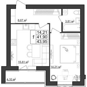 1-к квартира, строящийся дом, 44м2, 9/9 этаж