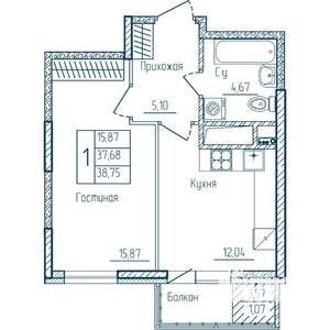 1-к квартира, строящийся дом, 39м2, 2/18 этаж