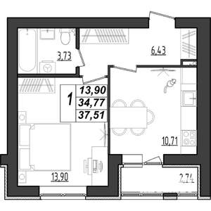 1-к квартира, строящийся дом, 38м2, 5/9 этаж