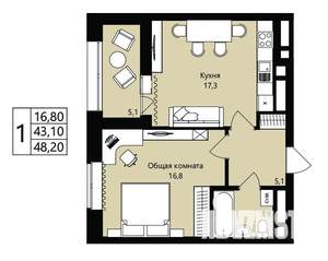 1-к квартира, вторичка, 43м2, 2/18 этаж