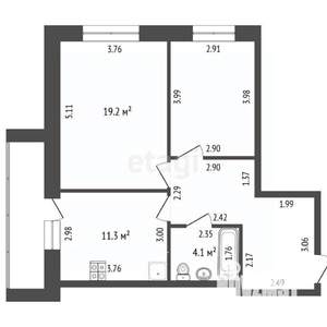 2-к квартира, вторичка, 60м2, 1/9 этаж