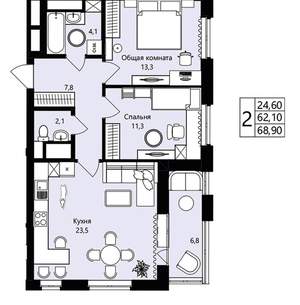 2-к квартира, вторичка, 62м2, 3/18 этаж