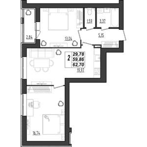 2-к квартира, строящийся дом, 63м2, 9/9 этаж