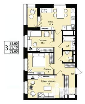 3-к квартира, вторичка, 75м2, 2/18 этаж