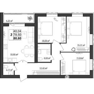 3-к квартира, строящийся дом, 81м2, 3/9 этаж