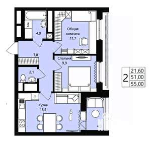 2-к квартира, вторичка, 51м2, 12/18 этаж