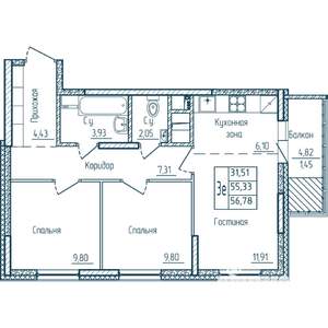 2-к квартира, строящийся дом, 57м2, 2/18 этаж