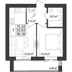 1-к квартира, строящийся дом, 36м2, 4/9 этаж