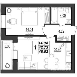 1-к квартира, строящийся дом, 46м2, 8/9 этаж