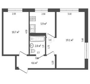 2-к квартира, вторичка, 43м2, 4/5 этаж