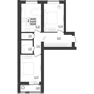 2-к квартира, строящийся дом, 57м2, 1/9 этаж