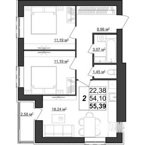 2-к квартира, строящийся дом, 55м2, 2/9 этаж