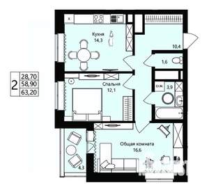 2-к квартира, вторичка, 59м2, 2/18 этаж