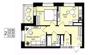 2-к квартира, вторичка, 47м2, 12/18 этаж