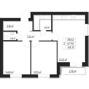 2-к квартира, строящийся дом, 70м2, 2/8 этаж