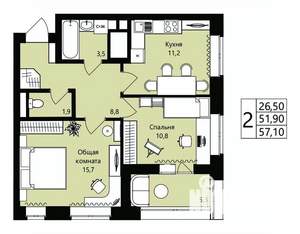 2-к квартира, вторичка, 52м2, 6/18 этаж