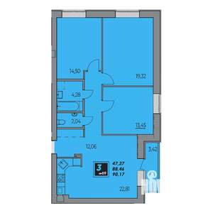 3-к квартира, строящийся дом, 90м2, 1/9 этаж