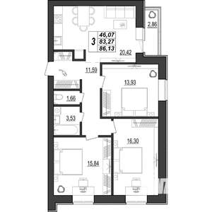 3-к квартира, строящийся дом, 86м2, 8/9 этаж
