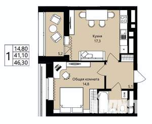 1-к квартира, вторичка, 41м2, 14/18 этаж