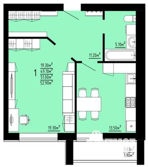 1-к квартира, строящийся дом, 51м2, 7/10 этаж