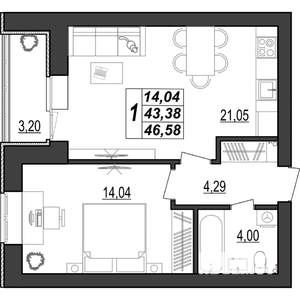 1-к квартира, строящийся дом, 47м2, 7/9 этаж