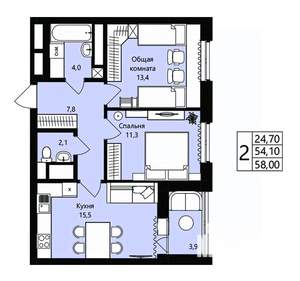 2-к квартира, вторичка, 54м2, 7/18 этаж