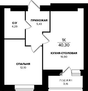 1-к квартира, строящийся дом, 40м2, 1/9 этаж
