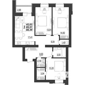 3-к квартира, строящийся дом, 88м2, 2/9 этаж