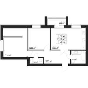 2-к квартира, строящийся дом, 70м2, 1/8 этаж
