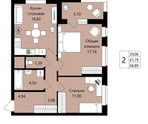 2-к квартира, вторичка, 62м2, 1/18 этаж